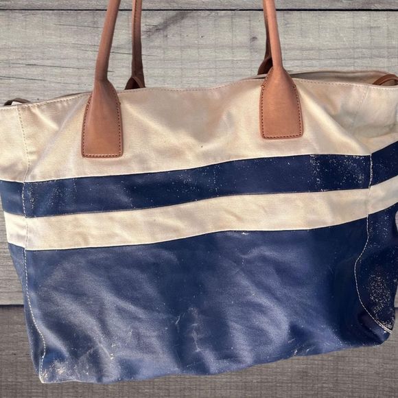 Tory Burch Large Canvas Color Block Navy Tote Beach pool Bag Purse - Picture 2 of 12